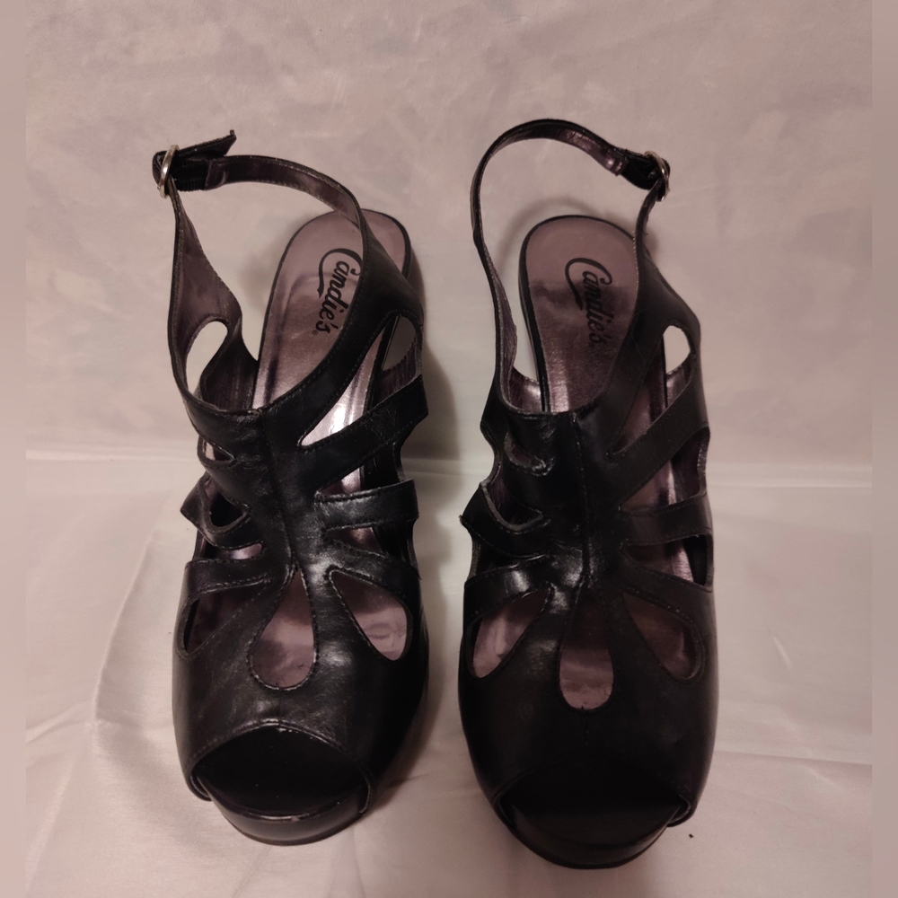 Candie's Strappy Black Peep-Toe Heels